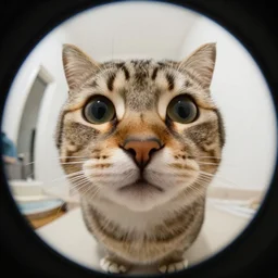 funny cute cat meme, wide angle fish eye lens close - up photograph