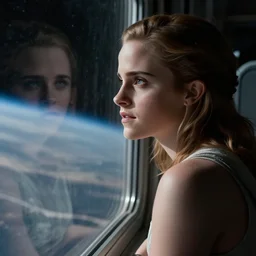 emma watson looks out of a window in space