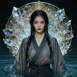 portrait of a beautiful woman wearing a shaolin robe, drenched body, wet dripping hair, emerging from the water, fantasy, regal, fractal crystal, fractal gems, by stanley artgerm lau, greg rutkowski, thomas kindkade, alphonse mucha, loish, norman rockwell ross tran