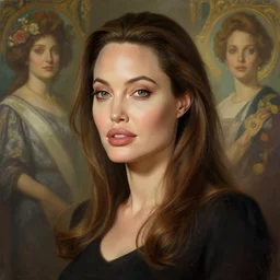 beautiful digital painting of teen!! angelina jolie background with high detail, 8 k, stunning detail, photo by artgerm, greg rutkowski and alphonse mucha, unreal engine 5, 4 k uhd