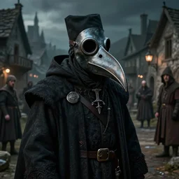 A fancy portrait of a Plague Doctor with a beak like mask on in a medieval village by Greg Rutkowski, Sung Choi, Mitchell Mohrhauser, Maciej Kuciara, Johnson Ting, Maxim Verehin, Bloodborne, 8k photorealistic, volumetric lighting, HD, high details, dramatic, dark atmosphere, trending on artstation