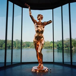polished copper dancer - shaped deconstructivist colossus, volumetric light, overlooking the lake, glass windows rectilinear projection, wide - angle, springtime darkening, by evaline ness, michelangelo, zack snyder, featured on deviantart, intricate, summer, kodak ektar