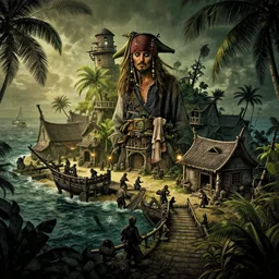 secret tropical pirate island and shanty town, dramatic lighting, cinematic, establishing shot, extremely high detail, foto realistic, cinematic lighting, pen and ink, intricate line drawings, post processed, concept art, artstation, matte painting, style by Steven Spielberg, Peter Jackson, art germ