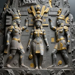 bas - relief beautiful aztec inca warriors colossus full body well proportioned pacing to cliffs by eddie mendoza hyperrealism expressive eyes cyborgess symmetrical very very detailed giger beksinski grey and gold