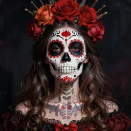 illustration of a sugar skull day of the dead girl, art by hieronymus bosch