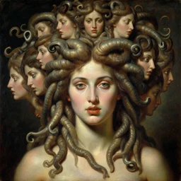 Oil painting of medusa gorgo with many faces in her hairs, dramatic lighting, in the style of Ivan Kramskoi, masterpiece, 4k - n 6