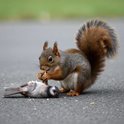 nature photography of a squirrel eating a dead bird on the side of the road, 2 0 0 8 horror movie still