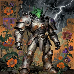 composition of gothic and futuristic, warhammer, cyber japan armor, many scars, many mechflowers, thunderstorm, green head, some orange and purple, the middle ages, highly detailed, artstation, in the style of moebius, jugendstil and classic japanese print, psychedelic, art by jean delville and rene magritte