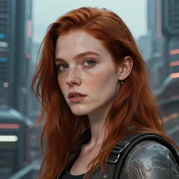 photo of a thirty year old woman in a sci - fi cyberpunk city by lilia alvarado, red hair, freckles