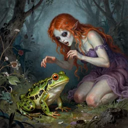 Scary godlike fairy killing a frog, colorful , extremely detailed masterpiece, illustration, by Michael Sowa