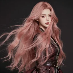 a beautiful woman with long flowing rose gold hair, detailed clothing, dark aesthetic, hyperreaslitic setting