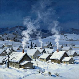 A beautiful landscape painting of a small village in the snow at night with smoke rising from the chimneys by Alfons Maria Mucha and Julie Dillon and Makoto Shinkai