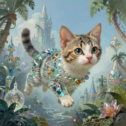 painted portrait of cute kitten flying over fantasy tropical never - land city of wonders made from glass, fantasy intricate elegant extremely detailed digital painting trending artstation concept art sharp focus illustration art by gustave courbet greg rutkowski craig mullins