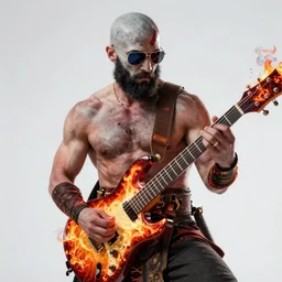 sunglasses wearing kratos rocking out on the guitar of flaming chaos, cinematic render, god of war 2 0 1 8, playstation studios official media, sunglasses, lightning