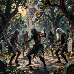 hyper realistic photography of drunk dancing ghouls in graveyard brom, mucha, moebius, craig mullins, juan gimenez artstation cgsociety