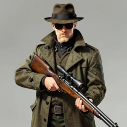 blonde viktor reznov from call of duty : world at war with a coat, a blonde goatee, short hair, fedora, and sunglasses, holding a wooden sniper rifle, establishing shot, by yoji shinkawa, metal gear concept art