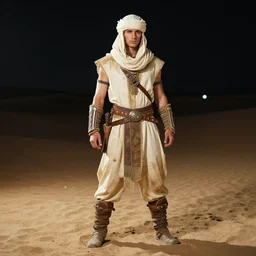 postapocalyptic explorer, desert mage fighter full body, in full light, detailed outfit, front light, bright character, dark background, bright details, concept art pose, darek zabrocki, noah bradley, incredible details, berberic clothes, desert fighter ancient mage, night, character at night, dark background, night background,