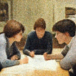Three students talking at a table artwork by Norman Rockwell, cinematic view, high quality