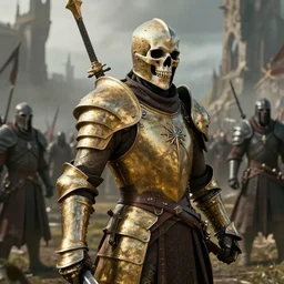 3d render of a cinematic shot of a fantasy battlefield with a skull headed knight with a skull hemet, wearing golden armor, hyper realistic, unreal, craig mullins, alex boyd, lord of the rings, game of thrones, dark souls, artstation, warhammer