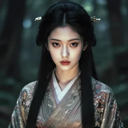 portrait of gorgeous japanese girl of the feywilds, beautiful face, strong line, muted colors, shimmering clothing, moody lighting, high contrast, by brom, by john anster fitzgerald, by junji ito