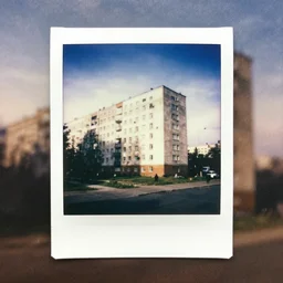 polaroid photo small soviet apartment building stands at russian suburbs, full frame
