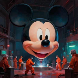 a enormous giant mickey mouse head being drilled in a scientific experiment by small workers wearing orange coveralls inside of a dark old warehouse, red and blue - green lighting, cinematic, art by beeple and wlop, digital art, thick painting strokes, trending on artstation, award winning
