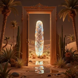 doorway to a monolith in a desert lush vegetation, warm tones, night, water reflection, bioluminescent translucent : : by michal karcz, daniel merriam, victo ngai and guillermo del toro : : ornate, dynamic, particulate, intricate, elegant, highly detailed, centered, artstation, smooth, sharp focus, octane render, 3 d