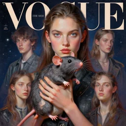3 d, close - up, fashion model holding rat, stars, space, vogue cover style, poster art, hyper detail, intricate oil painting, multiple exposure, 3 d, by tooth wu and wlop and beeple and greg rutkowski