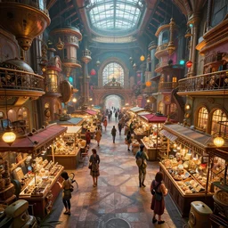 steampunk market interior, colorful, 3 d scene, greg rutkowski, zabrocki, karlkka, jayison devadas, trending on artstation, 8 k, ultra wide angle, zenith view, pincushion lens effect
