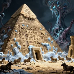 carved symbols on icy wall of pyramid, sand stone floor, giantic dungeon, dnd digital fantasy art, scarabeys, egypt glifs, mountains of madness, evil fluid, tentacles, creepy, by greg rutkowski
