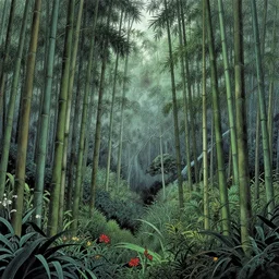 bamboo forest, lot of exotic vegetation, trees, flowers, dull colors, in the foggy huge forest, by victo ngai, ink by moebius and jean giraud, hyperrealism, intricate detailed