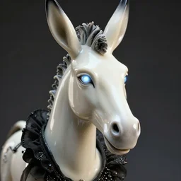 hyper detailed ultra sharp portrait of a beautiful fashionable porcelain ivory cyberpunk scifi robo donkey with glowing eyes, up close shot, sharp focus, global illumination, radiant light, black haute couture, alexandre ferra, irakli nadar, octane render, 4 k, ultra hd,