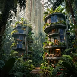 solar punk futuristic greenhouse apartments in a tropical forest setting. dark concrete juxtaposed with lush plants and hanging drapes to filter the light. vivid colors mixed with dusty moody lighting. architectural concepts inspired by dune 2 0 4 9, 8 k, photorealism, environment art