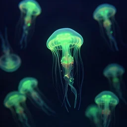 underwater picture of a school of jellyfish, dark background, colorful bioluminescence green glow, abyssal, 3 d octane render, very detailed