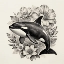 amazing detailed tattoo stencil of a floral realistic orca