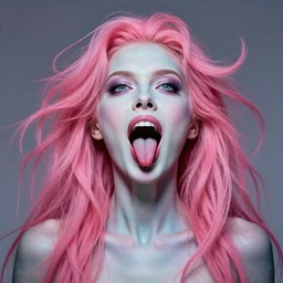 pink - haired woman, mouth opened & tongue out, pale psychedlic body painting, no makeup, detailed lips, ahegao face, wide eyes looking up, detailed frontal declotage and thick flowing hair, by gil elvgren, julie bell, and randolph stanley hewton, fantasy, photorealism, splatter, bleed, epic lighting, hyperrealism, 8 k