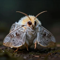cinematic shot epic portrait worlds cutest and fluffiest moth, hyper realistic, mood lighting, fantasy, detailed face, highly detailed, super realistic, perfect lighting pixel sorting