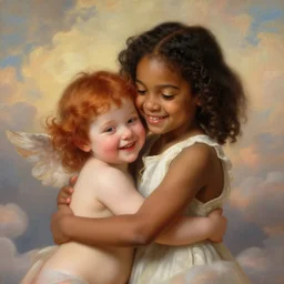 a young black haired girl hugging a young ginger haired girl and smiling, beautiful, innocent, angelic, happy, warm, soft lighting, in the clouds, renaissance, beautiful, cherubic, oil painting