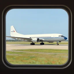 View through the window of at an African airport of a Lockheed L-188 Electra parked on the runway norman rockwell artwork