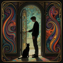 man stands with a pet at the door, dark room, side profile centered, by artgerm, cushart krenz, greg rutkowski, storyboard, su jian artstatiot. art nouveau. gloomhaven, swirly vibrant ripples, gaudy colors, sharp edges. ultra clear detailed. 8 k. elegant, intricate, octane render