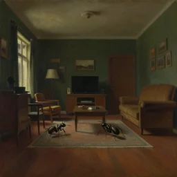 oilpainting, ground - level view, ant's - eye view, a view from below, dark cinematic light, furnished retro style room, by john everett millais