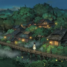 anime, incredible wide screenshot, ultrawide, realist proportions, paper texture, intricate, very detailed, studio ghibli movie scene, girl in a dress walking a beautiful forest village, lanterns, wood bridges, night, outdoors, fireflies!!!!, fog