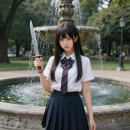magical and mystical school girl holding a knife on a park with ancient fountain, octane render, rembrandt, cgsociety, artstation trending, highly detailded