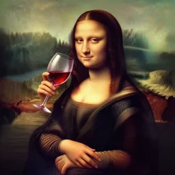 Mona lisa drinking red wine from a fancy glass, 3D digital art, detailed
