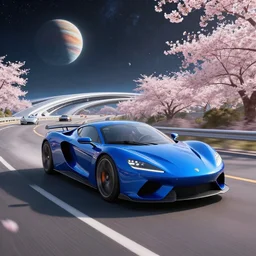 whitr and royal blue luxurious concept sportscar driving down on a luxurious road on interstellar solar system with nearby planets seen from the distance, advanced highway, star trek style, by peter mohrbacher, jeremy mann, francoise nielly, android james, ross tran, beautiful, award winning scenery, 4 k, clean details, serene, sakura season