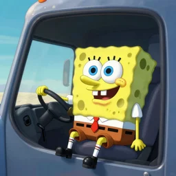 SpongeBob SquarePants, driving inside a realistic semitruck octane render