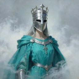 portrait of a divine knight dressed in teal robes and helmet, silver crown, runes, jewelry, mystical, ethereal, magical white fog, painting by greg rutkowski