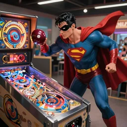 a comic book super hero who is just really good at pinball and throws pinball machines he has a long cape his left hand is missing and instead is a launcher from a pinball machine, 4k, highly detailed