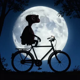 e. t. bike moon silhouette, from the movie e. t. the extra terrestrial, trees in foreground, cinematic frame, hd