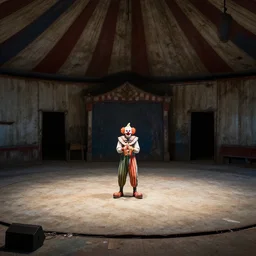 abandoned circus, there is one clown in the middle of the stage, photograph, 50mm